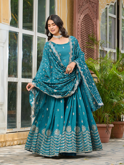 Pure Vichitra Silk Heavy 7mm Sequence Embroidery Gown with 3mm Embroidered Dupatta