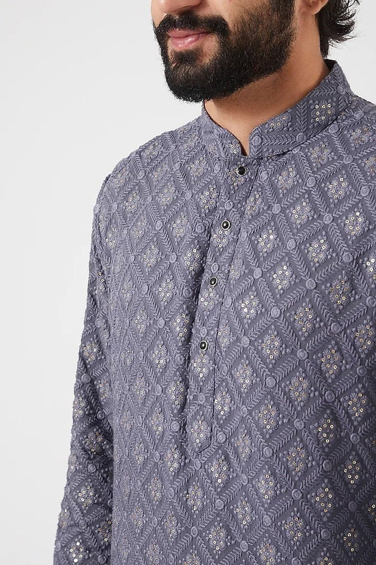 Handmade Mens Embroidered Kurta Pajama Set: Georgette Indian Wedding Wear