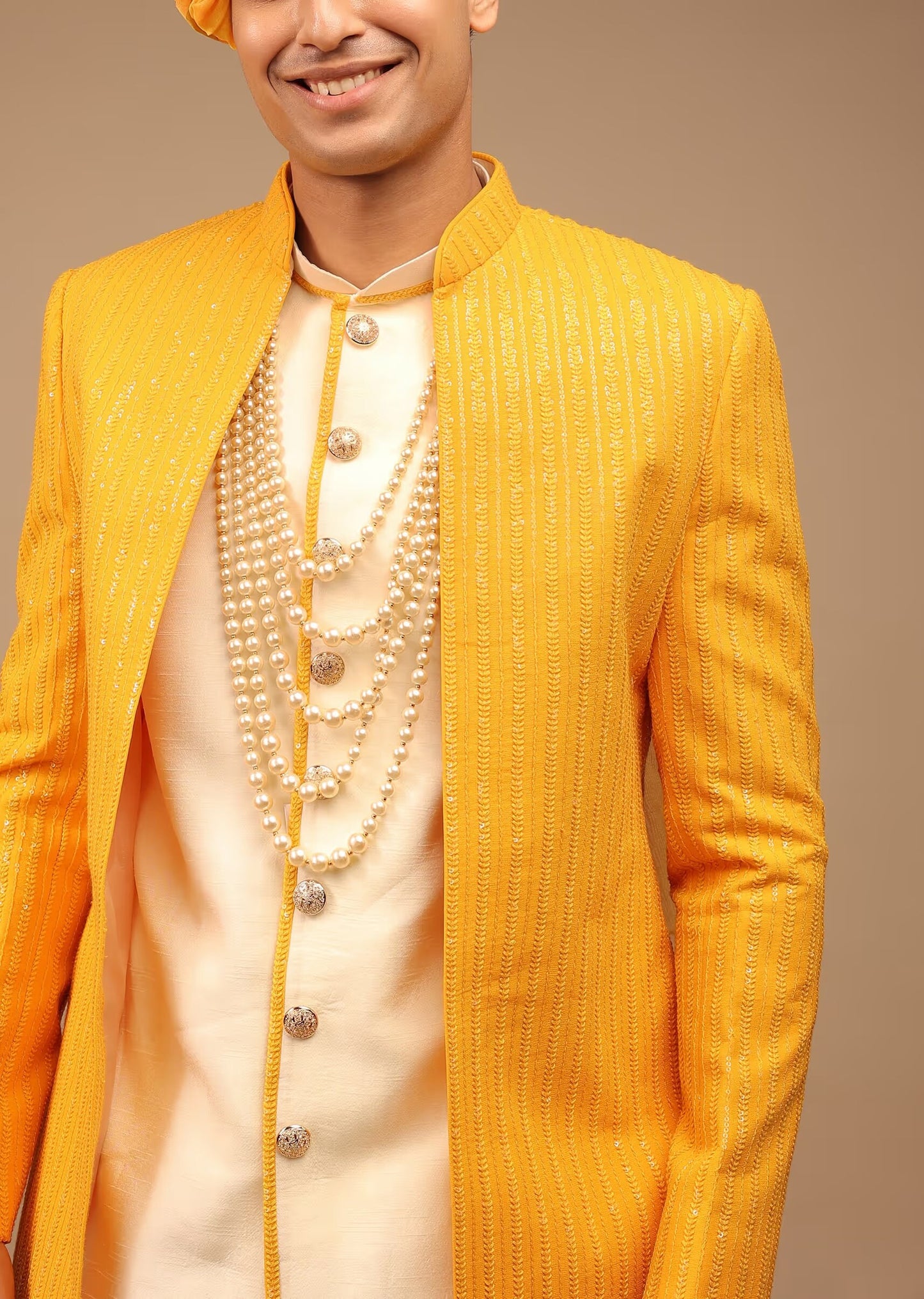 Yellow Colour handmade embroidery mens wedding wear indowestern, function wear, festival wear, embroidery indowestern in menswear