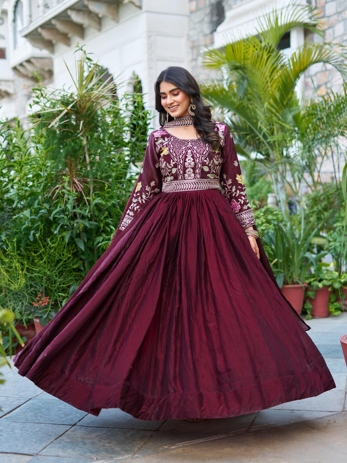 Women’s Festive Embroidered Fendy Silk Gown with Dupatta