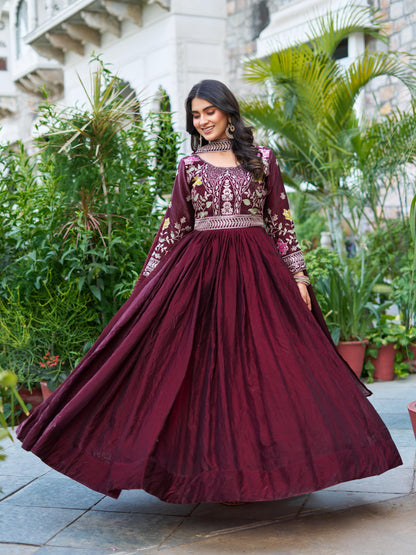 Women’s Festive Embroidered Fendy Silk Gown with Dupatta