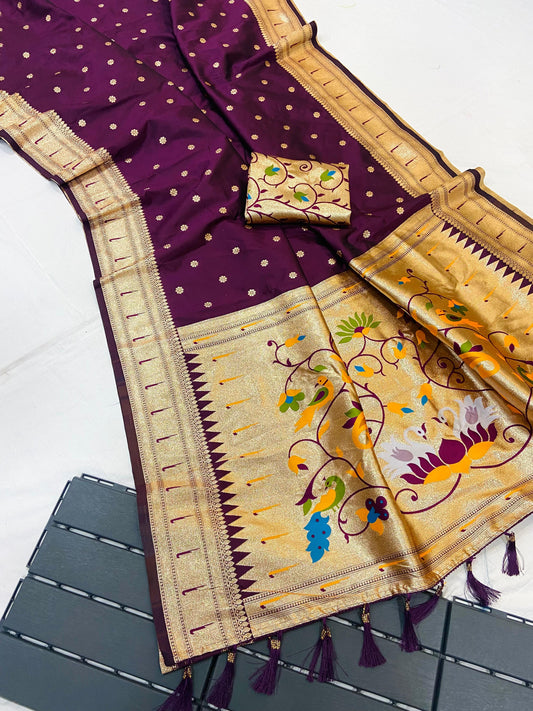 Pure Banarasi Paithani Pallu Saree with All Over Butti Design & Meena Weaving Work, Premium Designer Silk Saree with Full Weaving Blouse