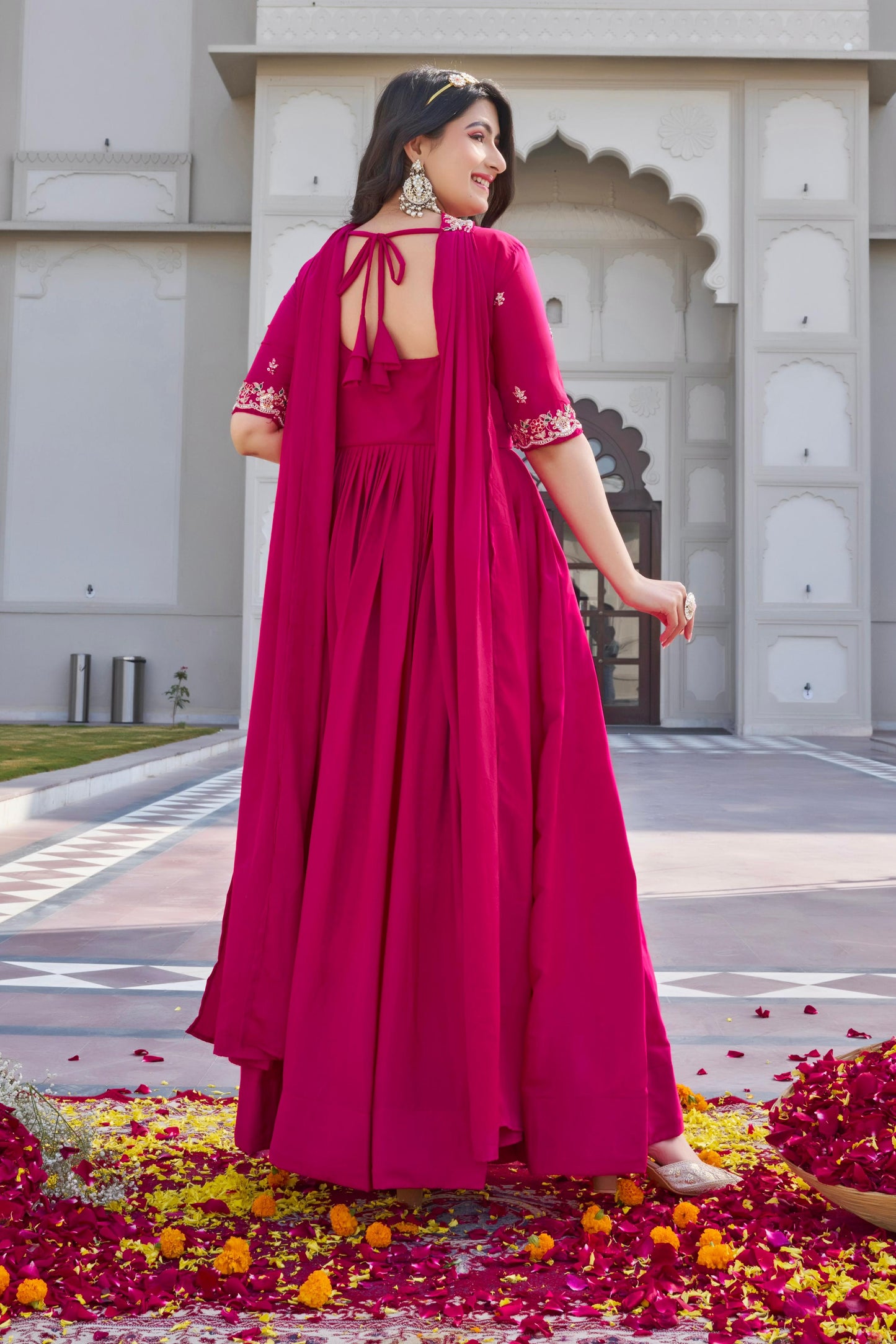 Crepe Silk Embroidered Gown with Dupatta for Women
