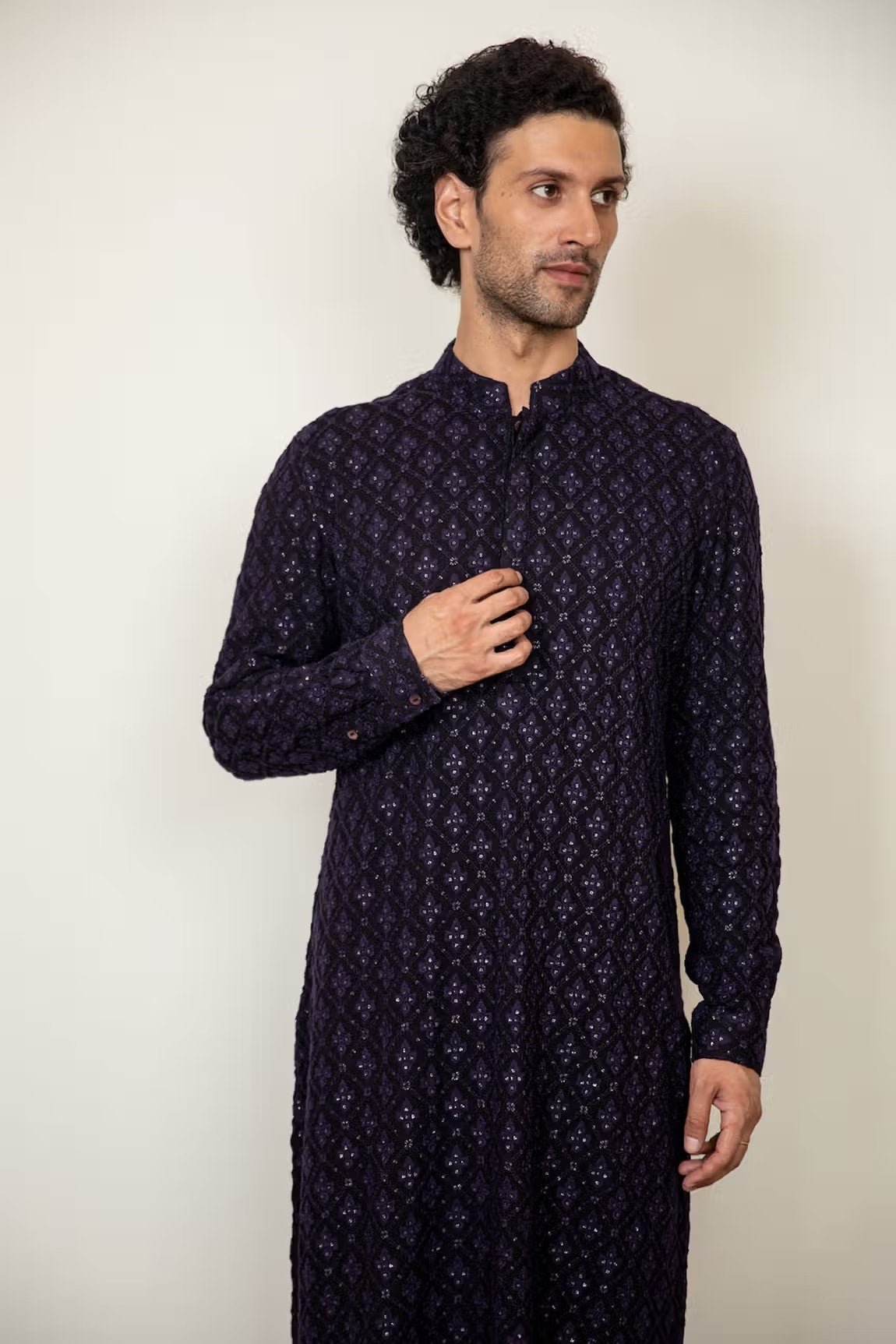 Mens Beige Chikankari Kurta Pajama Set: Indian Wedding Outfit