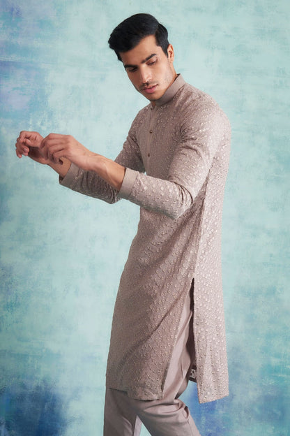 Mens Grey Embroidered Kurta Pajama Set: Indian Wedding Outfit