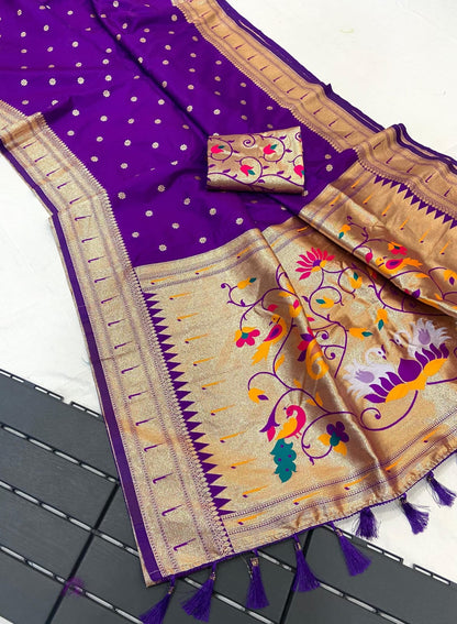Pure Banarasi Paithani Pallu Saree with All Over Butti Design & Meena Weaving Work, Premium Designer Silk Saree with Full Weaving Blouse