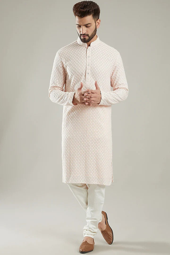 Handmade Dola silk embroidery Costom Fit Mens kurta Pajama set for indian wedding wear.