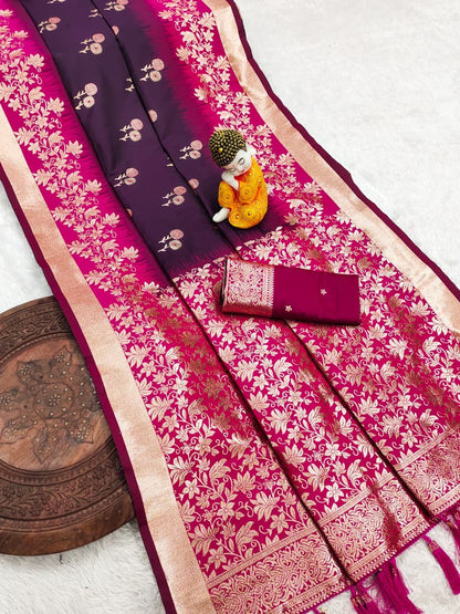 Pure Banarasi Silk Saree with Zari & Meena Work Rich Pallu, All Over Butti Design with Heavy Contrast Border, Soft Traditional Wedding Saree with Contrast Weaving Blouse