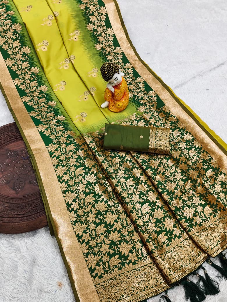 Pure Banarasi Silk Saree with Zari & Meena Work Rich Pallu, All Over Butti Design with Heavy Contrast Border, Soft Traditional Wedding Saree with Contrast Weaving Blouse