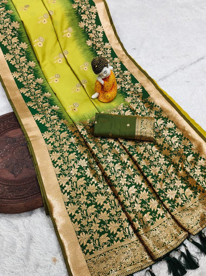 Pure Banarasi Silk Saree with Zari & Meena Work Rich Pallu, All Over Butti Design with Heavy Contrast Border, Soft Traditional Wedding Saree with Contrast Weaving Blouse