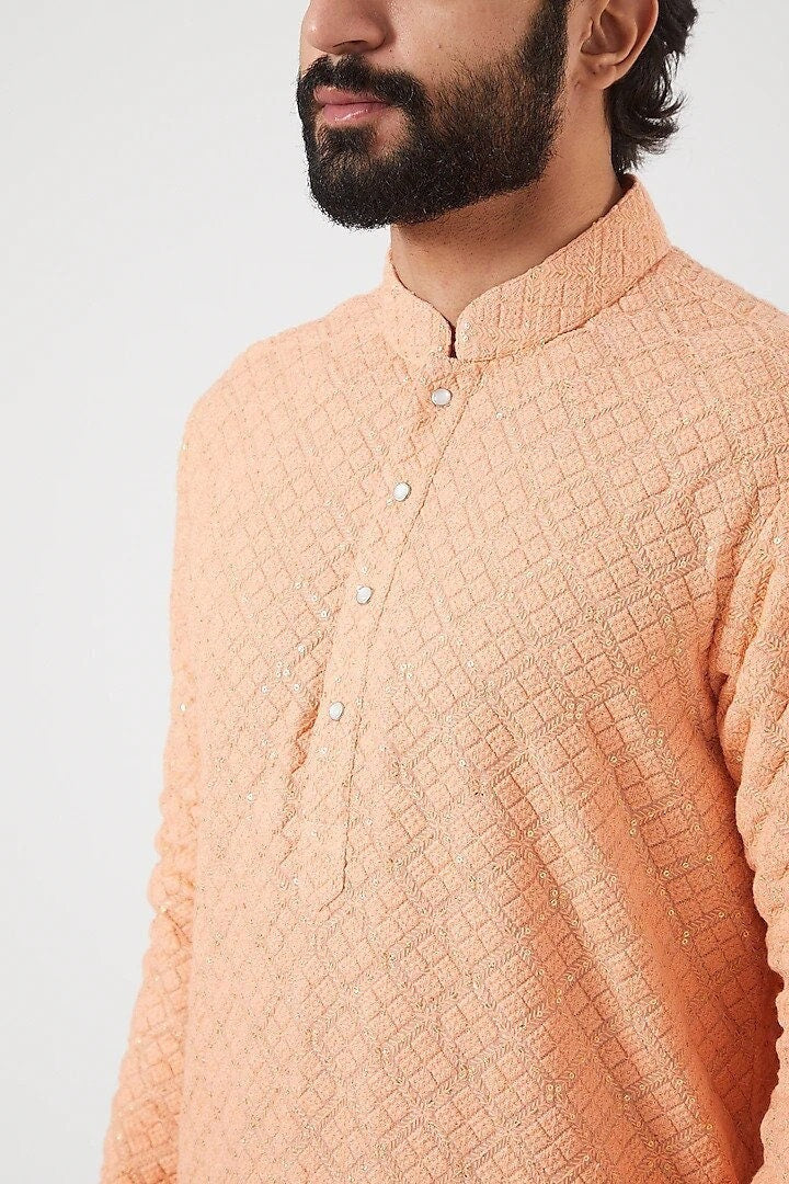 Handmade Mens Embroidery Kurta Pajama Set: Indian Wedding Wear