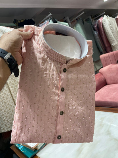 Handmade custom fit mens tusser silk embroidery kurta pajama set for wedding wear