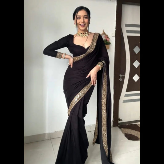 Ready to wear Velvet saree embellished with Sequin border, Stitched Blouse