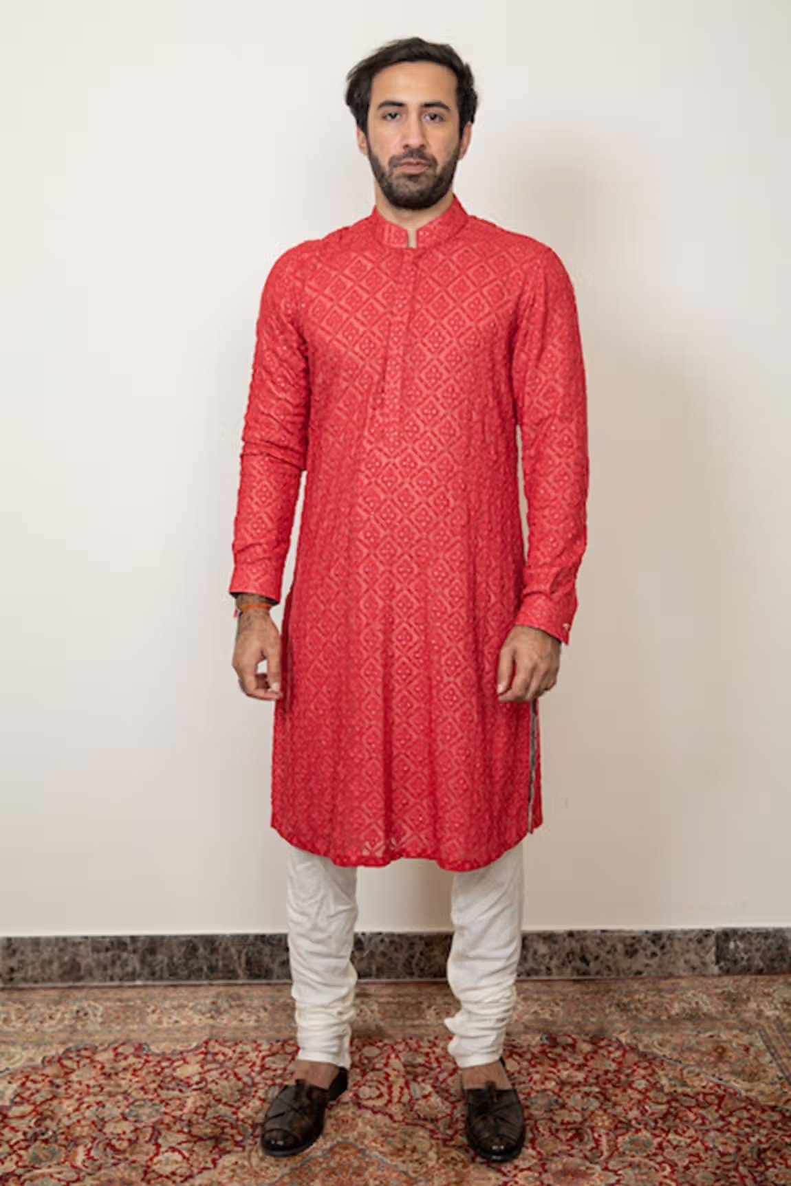 Mens Beige Chikankari Kurta Pajama Set: Indian Wedding Outfit