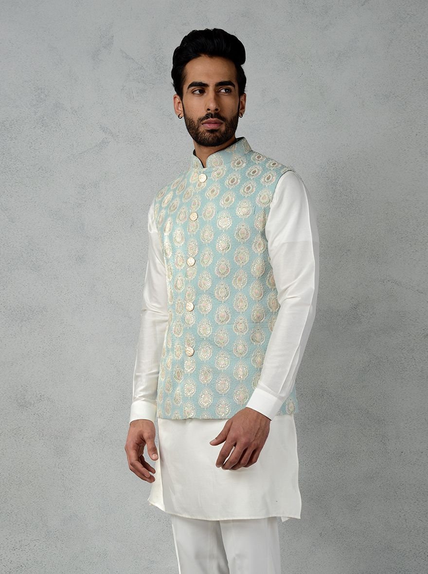 Mens Handmade Embroidered Waistcoat Set: Cotton Kurta Pajama