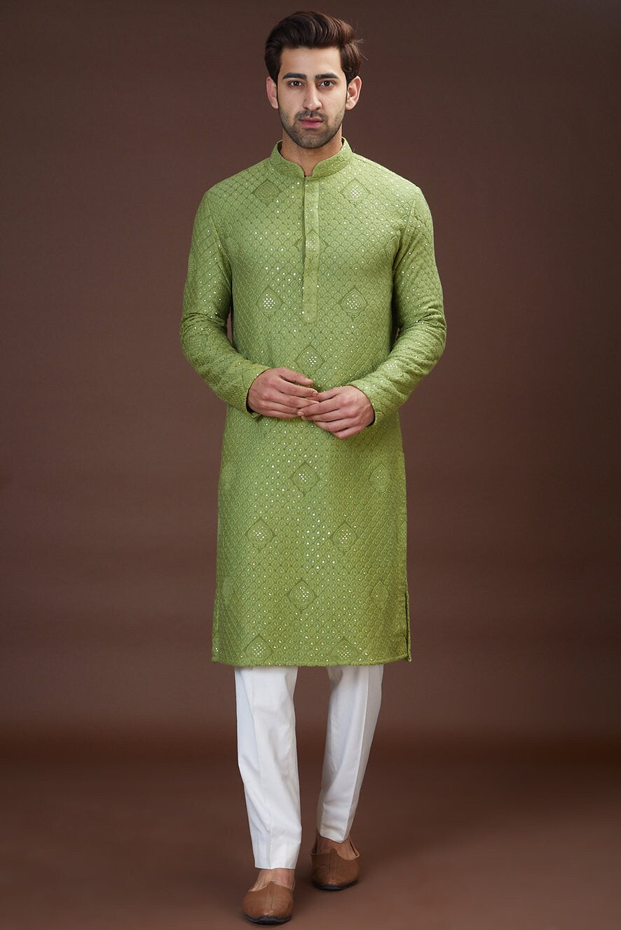Mens Chikankari Kurta Pajama Set: Georgette Indian Wedding Outfit