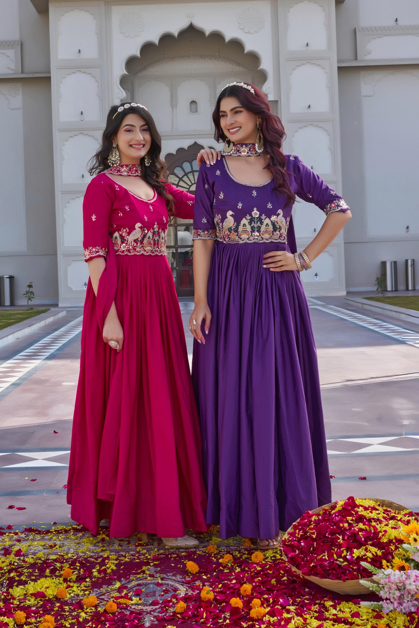 Crepe Silk Embroidered Gown with Dupatta for Women
