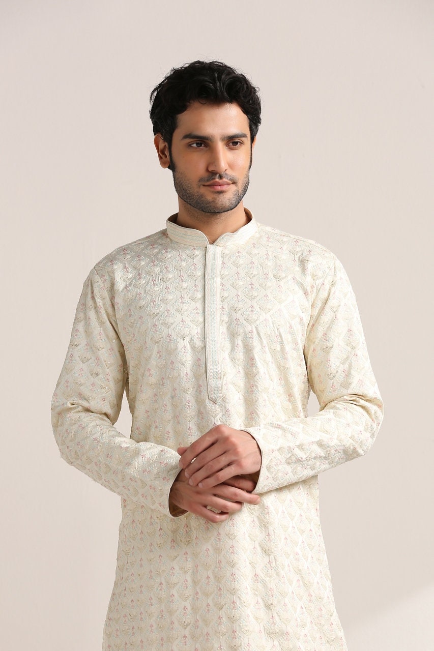 Handmade Off White Tusser Silk Kurta Churidar Set: Indian Wedding Wear