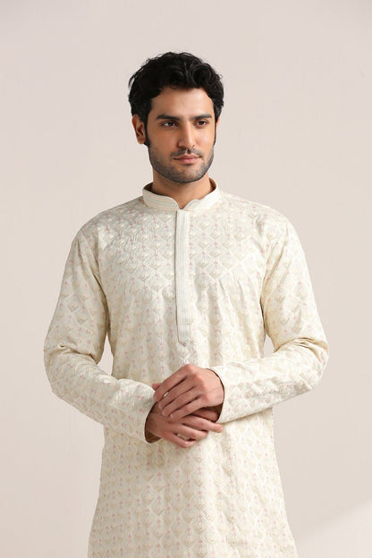 Handmade Off White Tusser Silk Kurta Churidar Set: Indian Wedding Wear