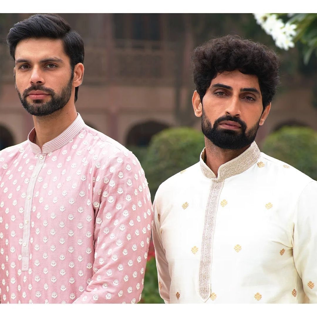 Men's Raw silk embroidery Kurta Pajama Set: Indian Wedding Ethnic Wear