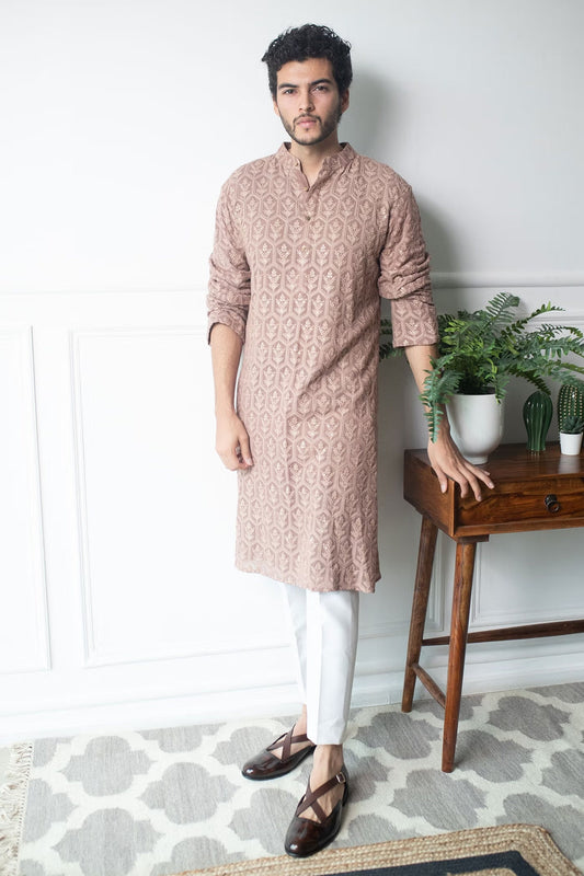 Rose Brown Chikankari Kurta Pyjama Set: Indian Wedding Outfit