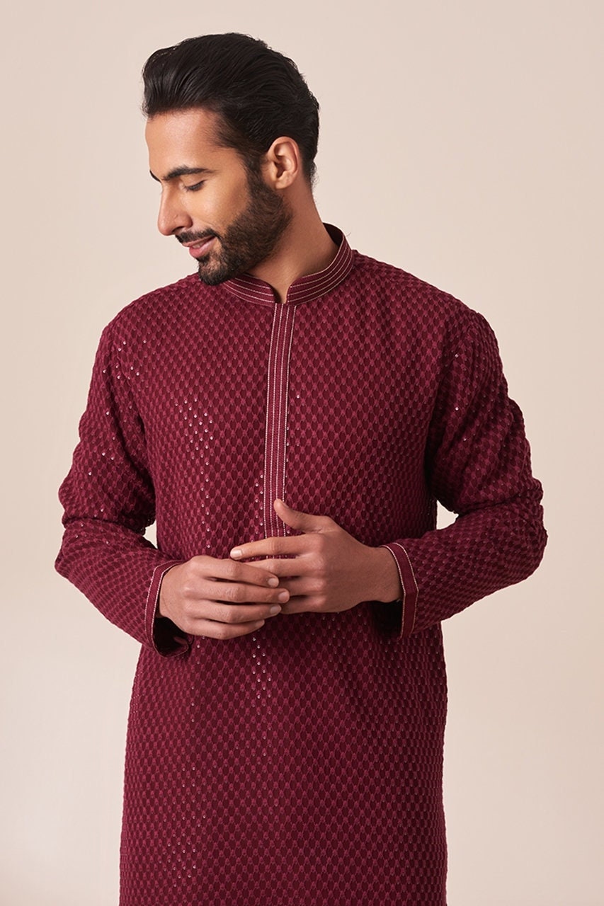 Handmade georgette embroidery Costom Fit Mens kurta Churidar set for indian wedding wear.