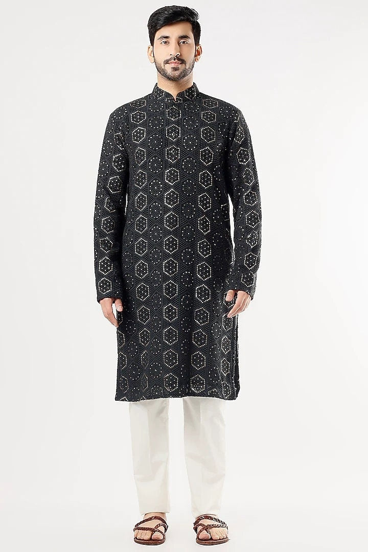 Custom Fit Georgette Embroidery Kurta Pajama Set: Ethnic Wedding Wear