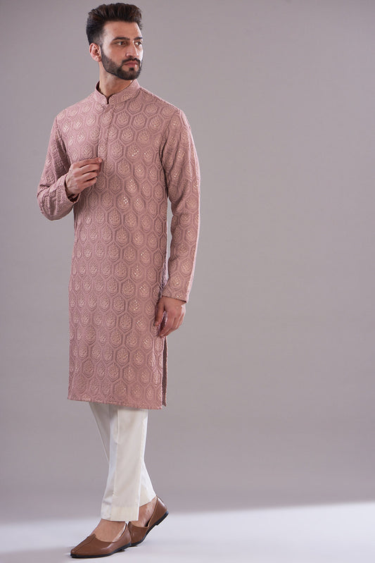 Mens Chikankari Kurta Pyjama Set: Dola Silk Indian Wedding Outfit