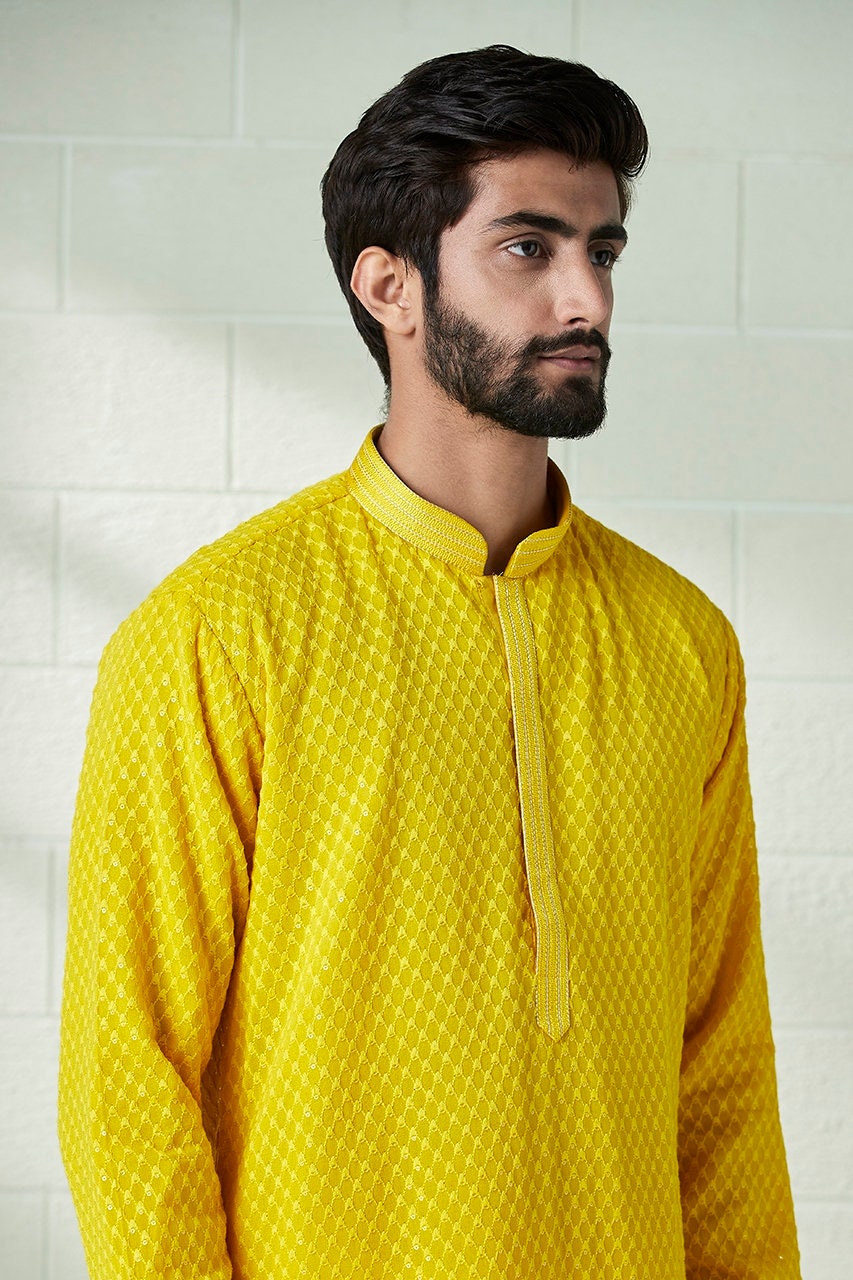 Handmade georgette embroidery Costom Fit Mens kurta Churidar set for indian wedding wear.