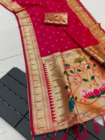 Pure Banarasi Paithani Pallu Saree with All Over Butti Design & Meena Weaving Work, Premium Designer Silk Saree with Full Weaving Blouse