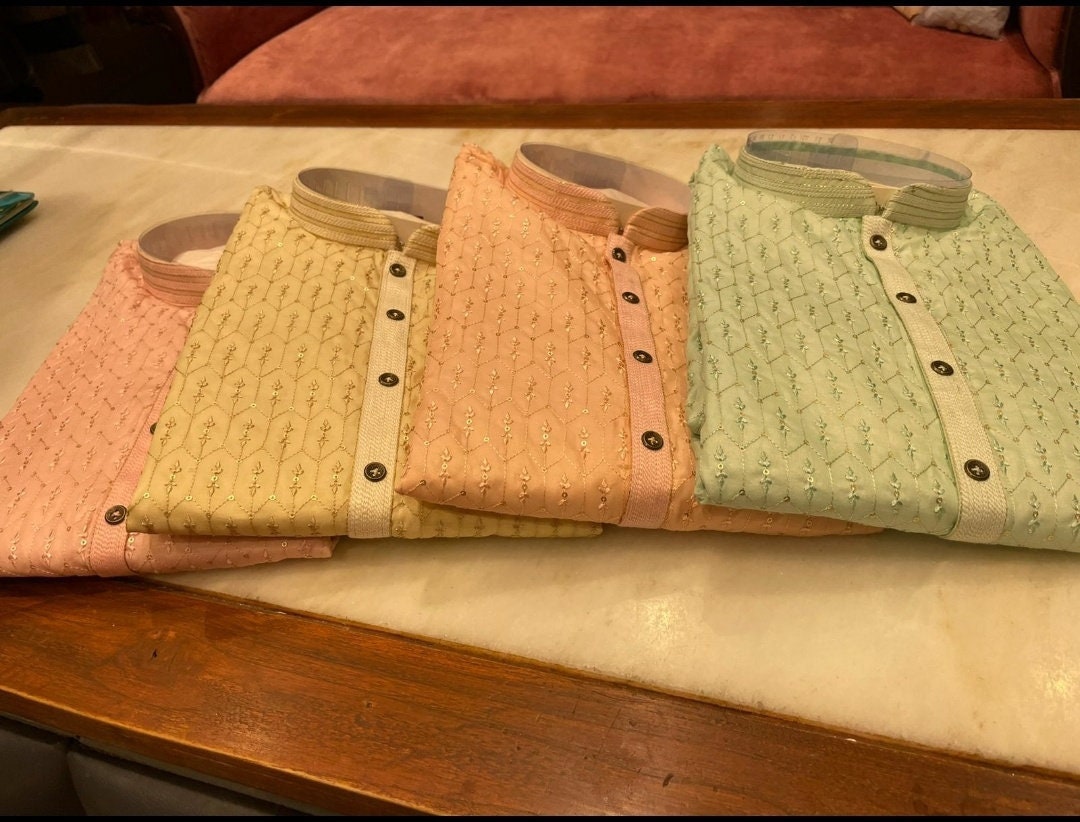 Handmade custom fit mens tusser silk embroidery kurta pajama set for wedding wear