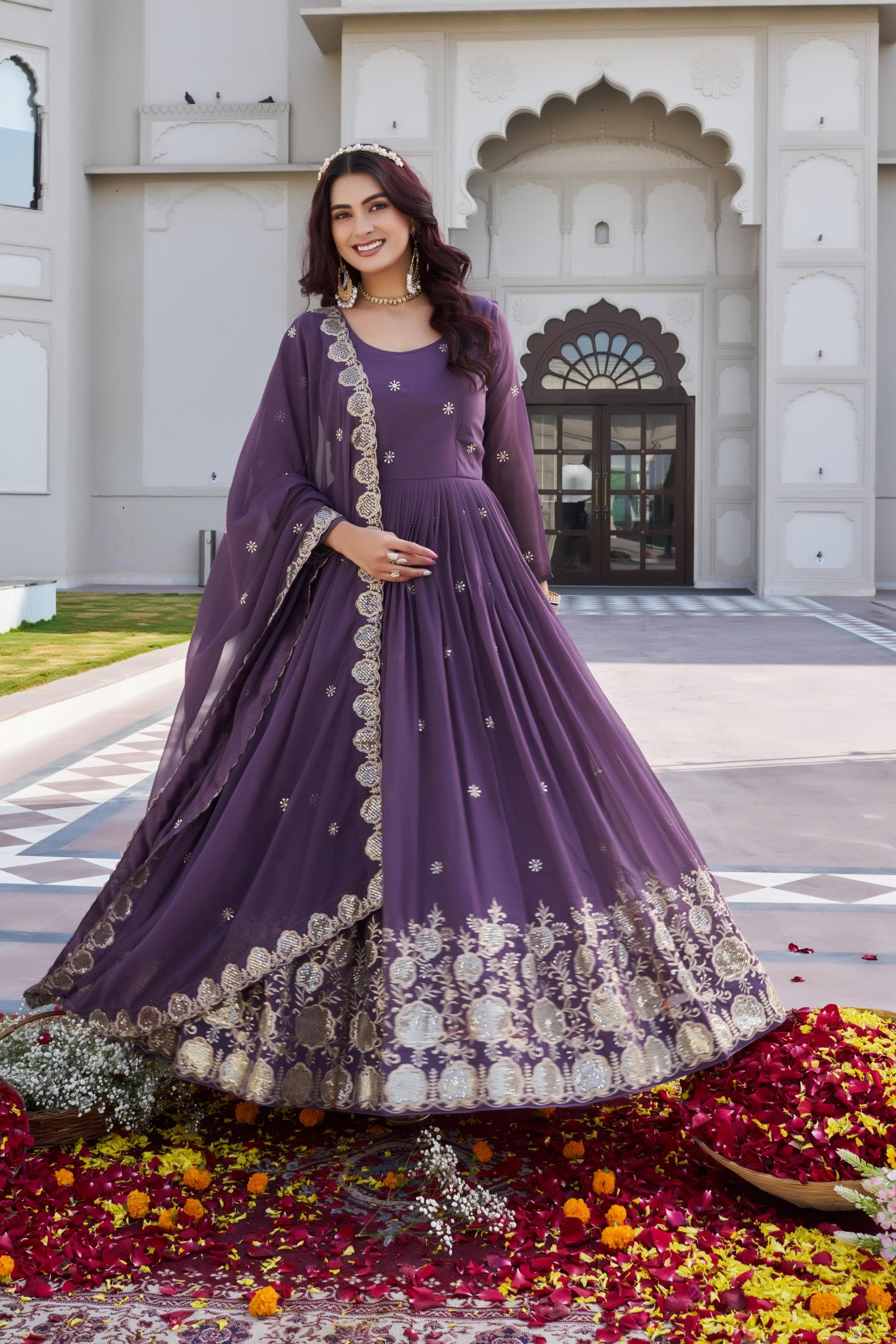 Fox Georgette Embroidered Gown with Dupatta for Women