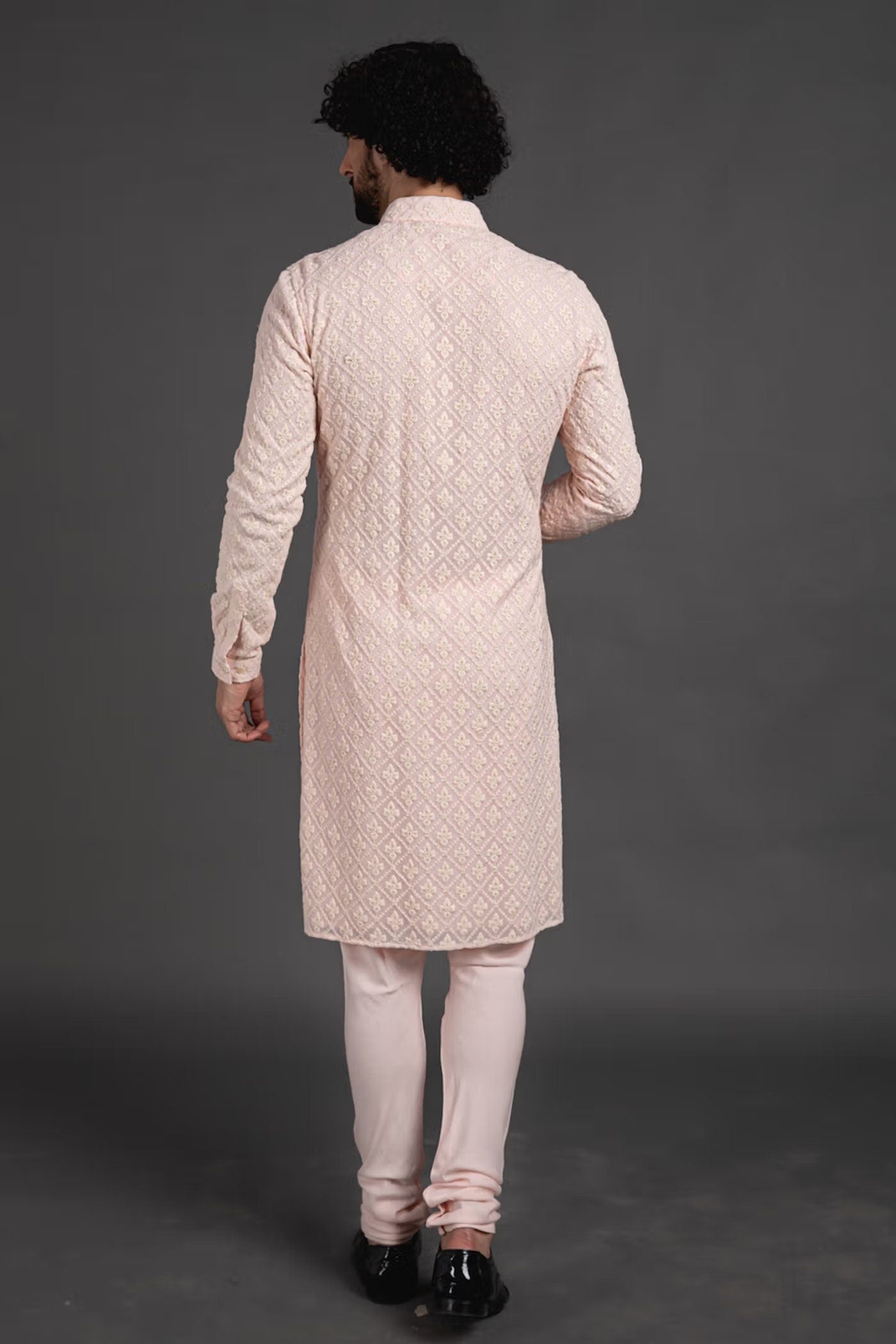 Mens Beige Chikankari Kurta Pajama Set: Indian Wedding Outfit
