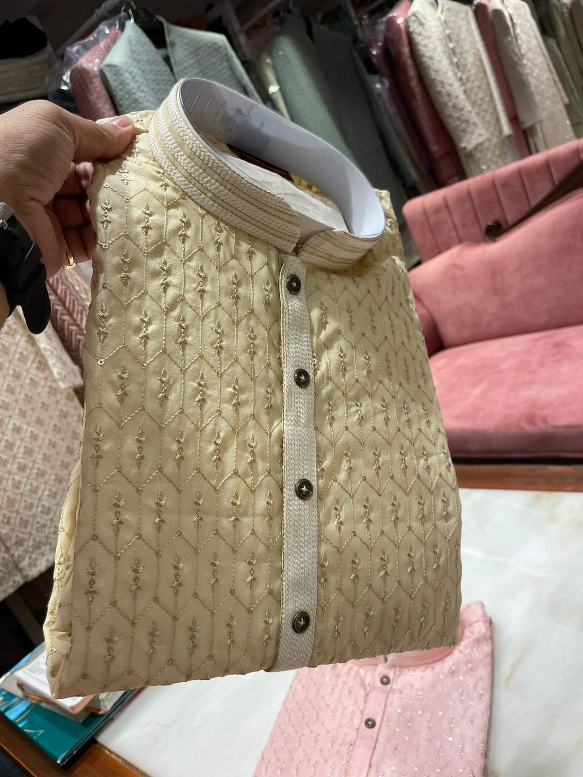 Handmade custom fit mens tusser silk embroidery kurta pajama set for wedding wear