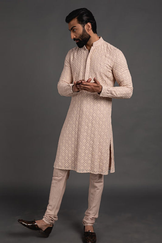 Mens Beige Chikankari Kurta Pajama Set: Indian Wedding Outfit