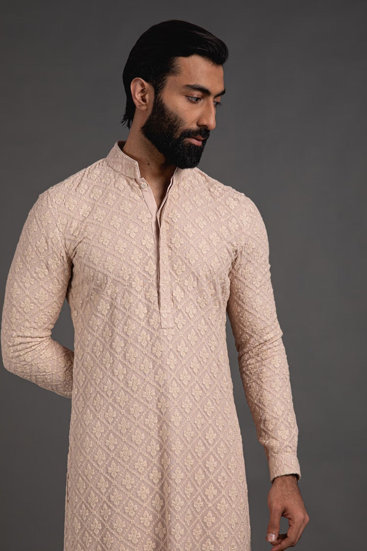 Mens Beige Chikankari Kurta Pajama Set: Indian Wedding Outfit