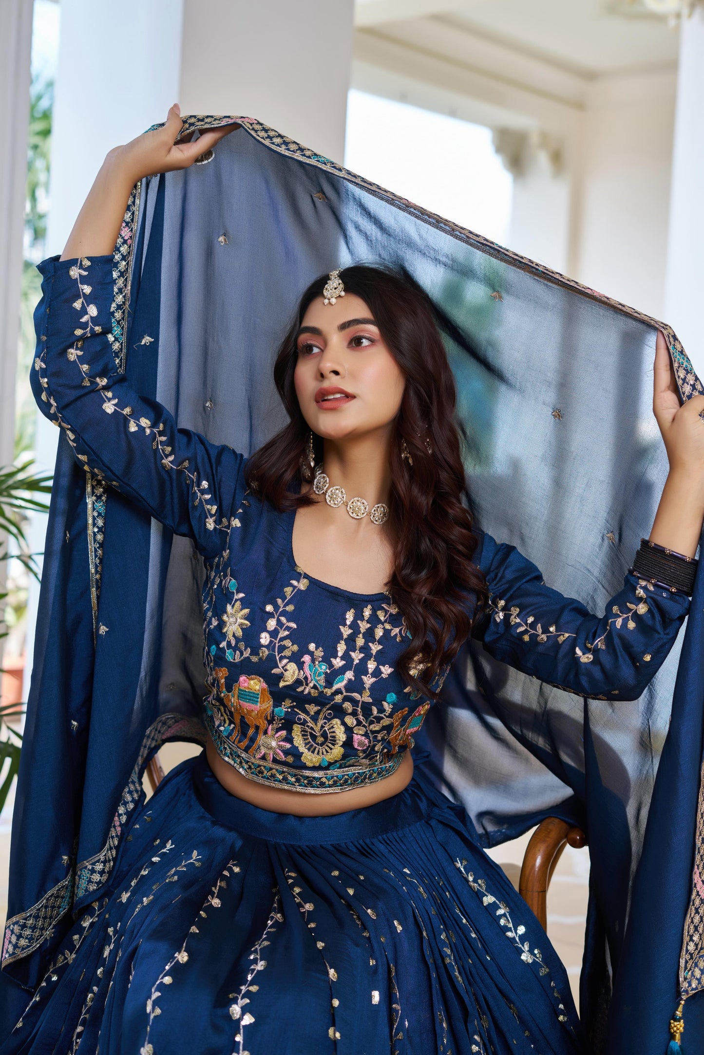 Women's Pure Vichitra Silk Embroidered Lehenga Choli Set with Sequins & Thread Work Dupatta