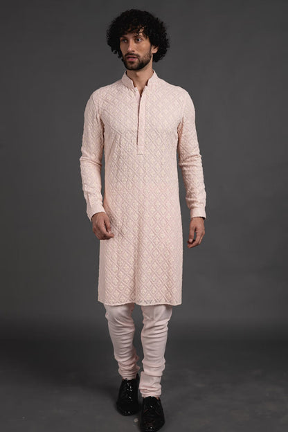 Mens Beige Chikankari Kurta Pajama Set: Indian Wedding Outfit