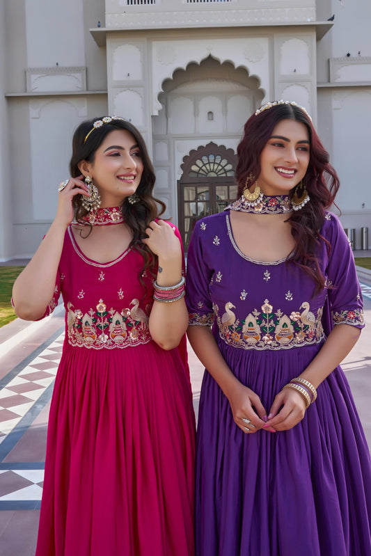 Crepe Silk Embroidered Gown with Dupatta for Women