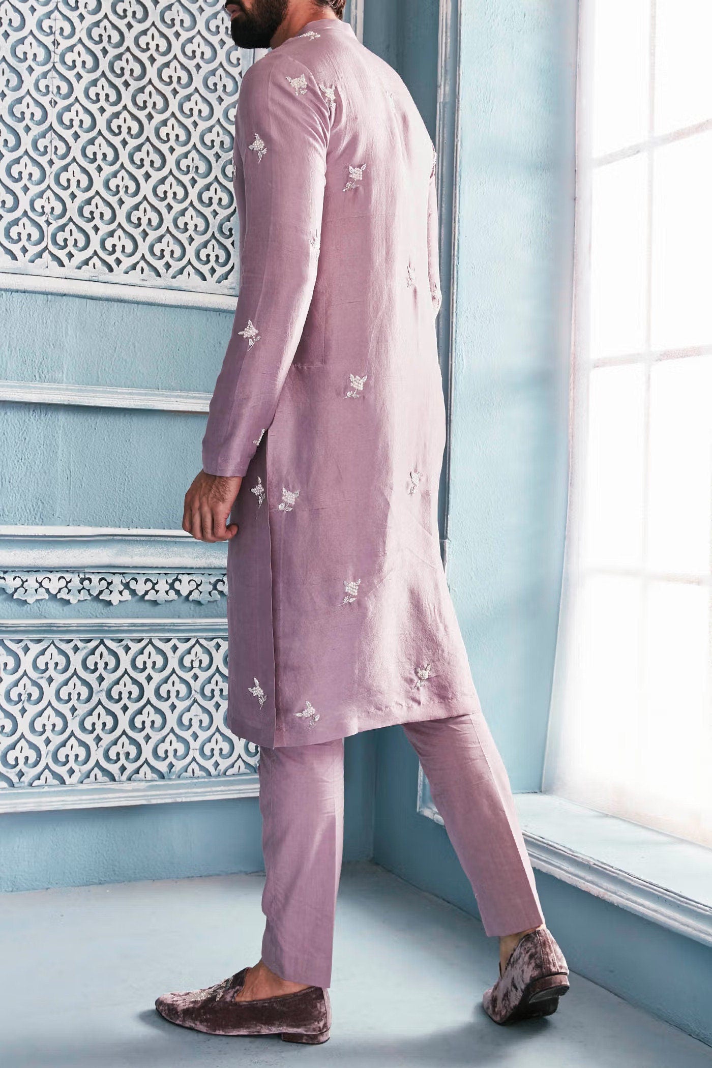 Lilac color Raw silk bespoke embroidery wedding wear kurta Pajama set