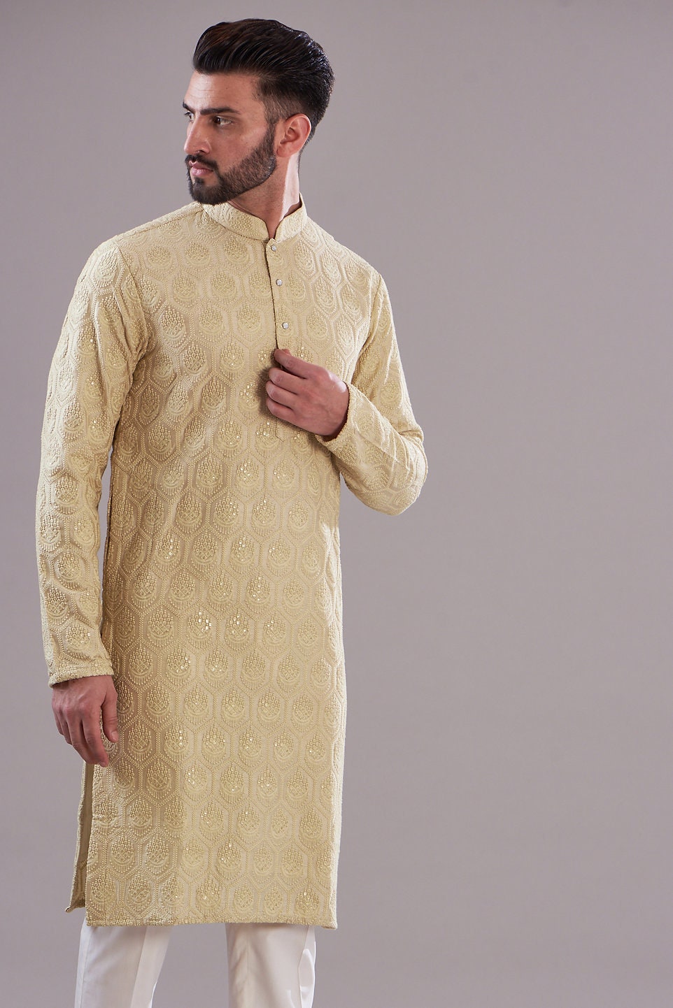 Mens Chikankari Kurta Pyjama Set: Dola Silk Indian Wedding Outfit