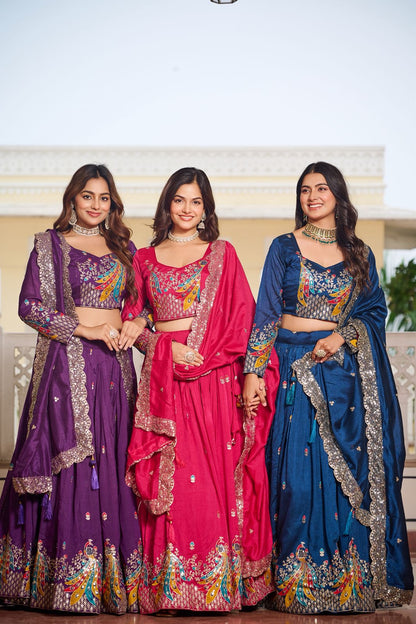 Pure Vichitra Heavy Embroidery Sequence Lehenga Choli with 3mm Embroidered Dupatta