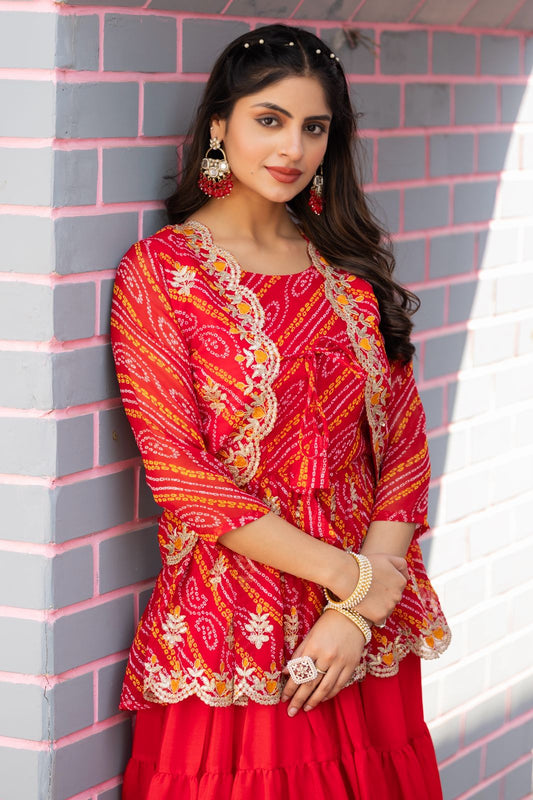 Pure Bandhej Crop Top with Chinon Lehenga & Embroidered Jacket Set – Heavy Thread Work