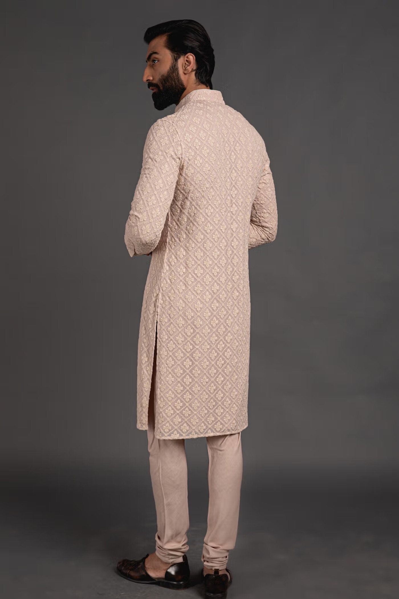 Mens Beige Chikankari Kurta Pajama Set: Indian Wedding Outfit