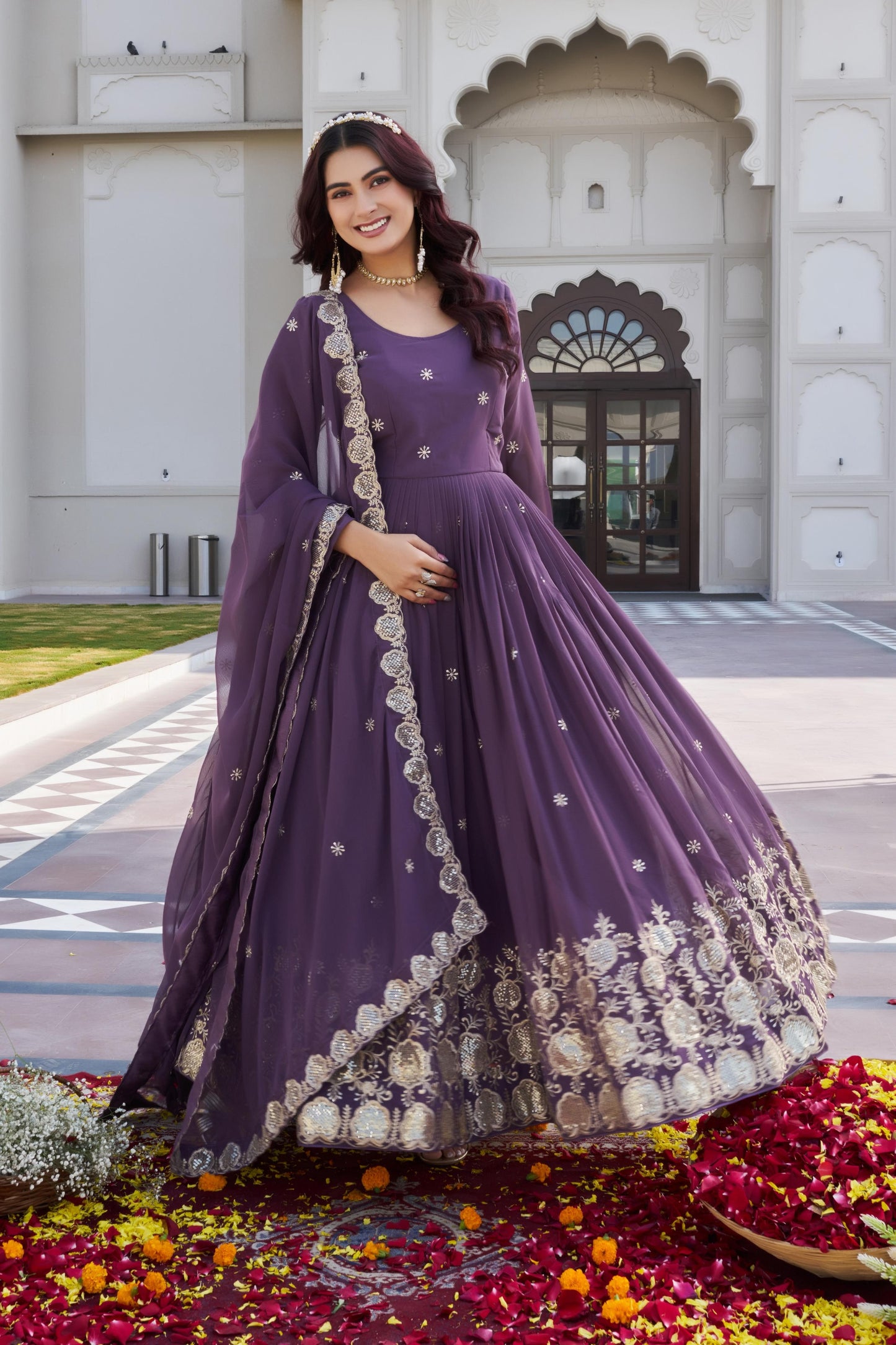 Fox Georgette Embroidered Gown with Dupatta for Women
