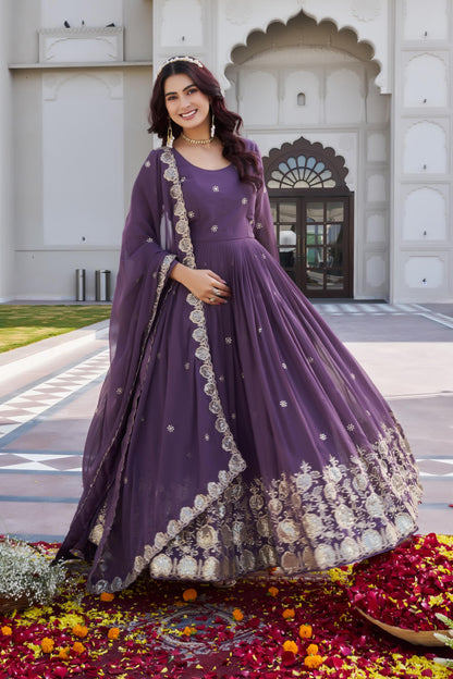 Fox Georgette Embroidered Gown with Dupatta for Women