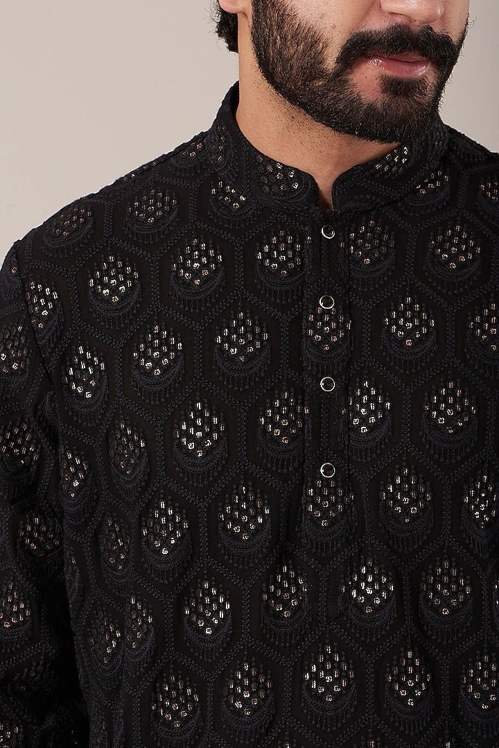 Mens Chikankari Kurta Pyjama Set: Dola Silk Indian Wedding Outfit