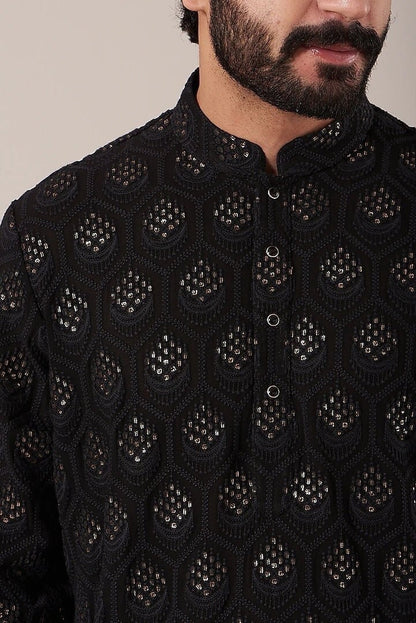 Mens Chikankari Kurta Pyjama Set: Dola Silk Indian Wedding Outfit