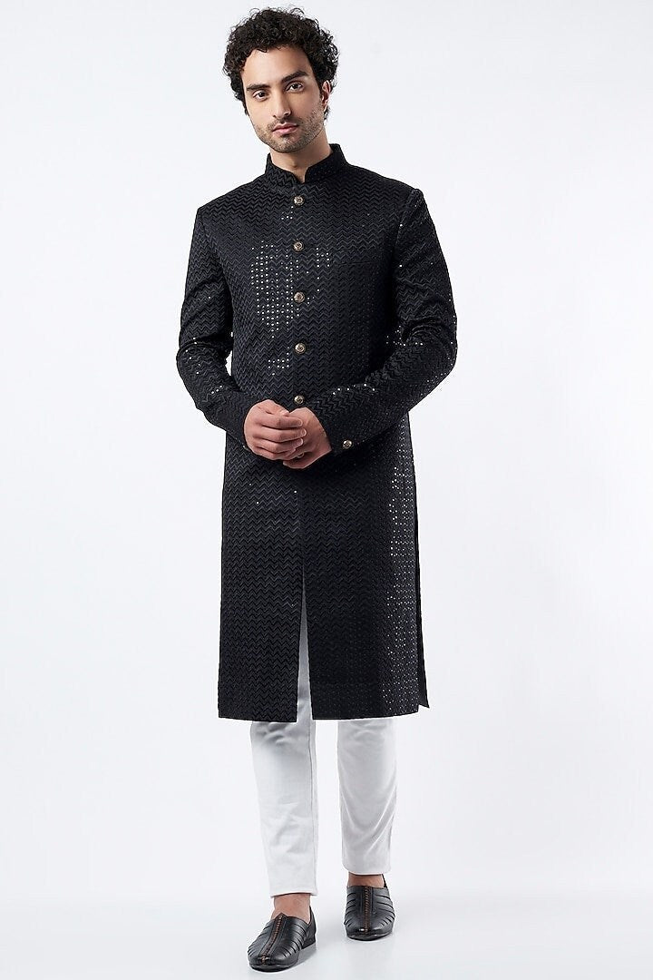 Black Viscose Embroidered Mens Sherwani: Indian Wedding Wear