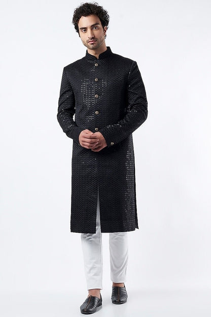 Black Viscose Embroidered Mens Sherwani: Indian Wedding Wear